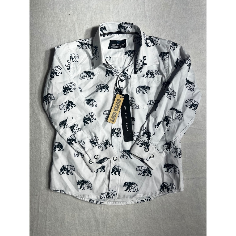 Test of Time Toddler Boys White Geometric Bear Print Button Down Shirt 4T NWT